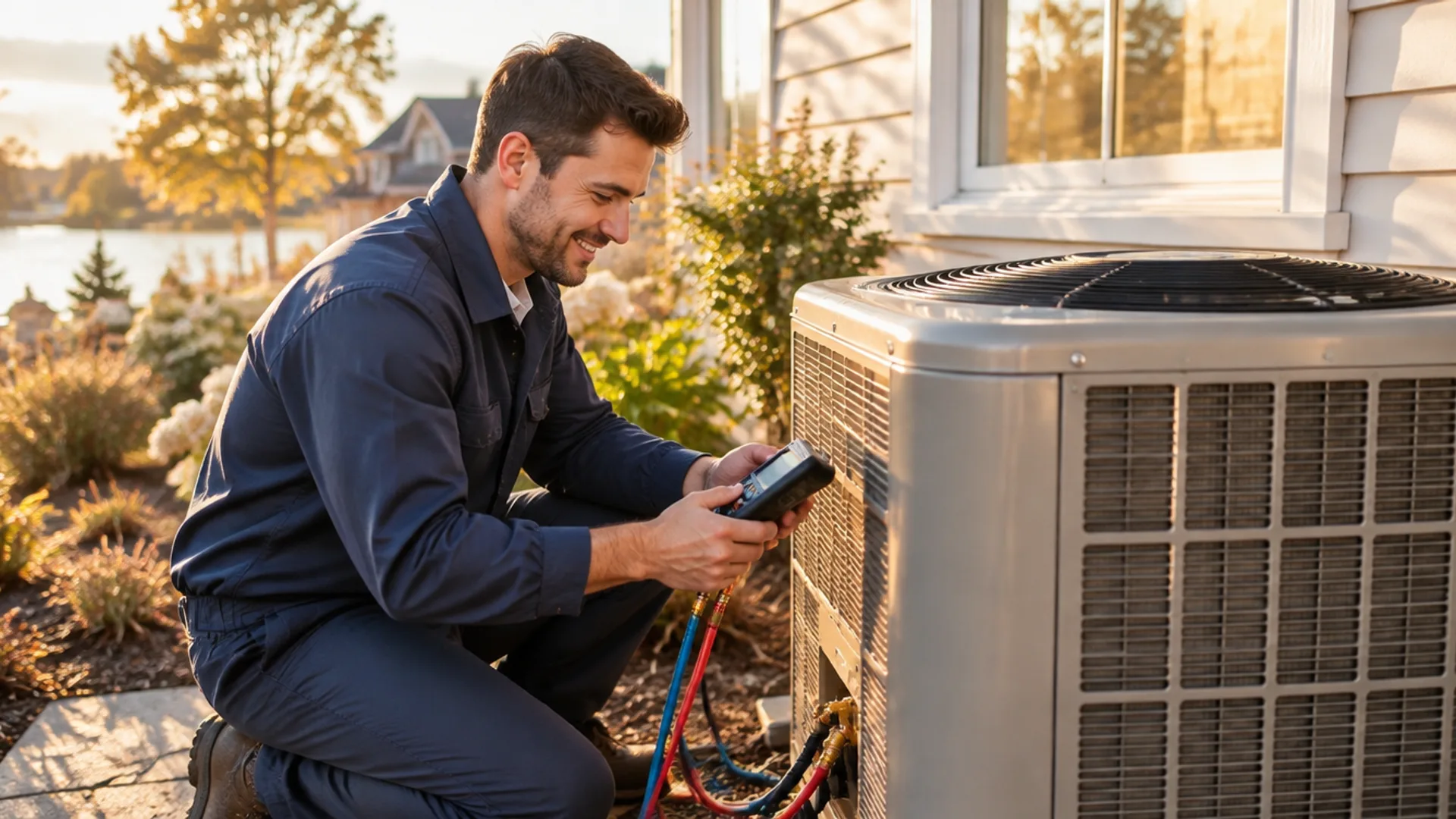 HVAC technician checking an outdoor air conditioner beside a home at golden hour
