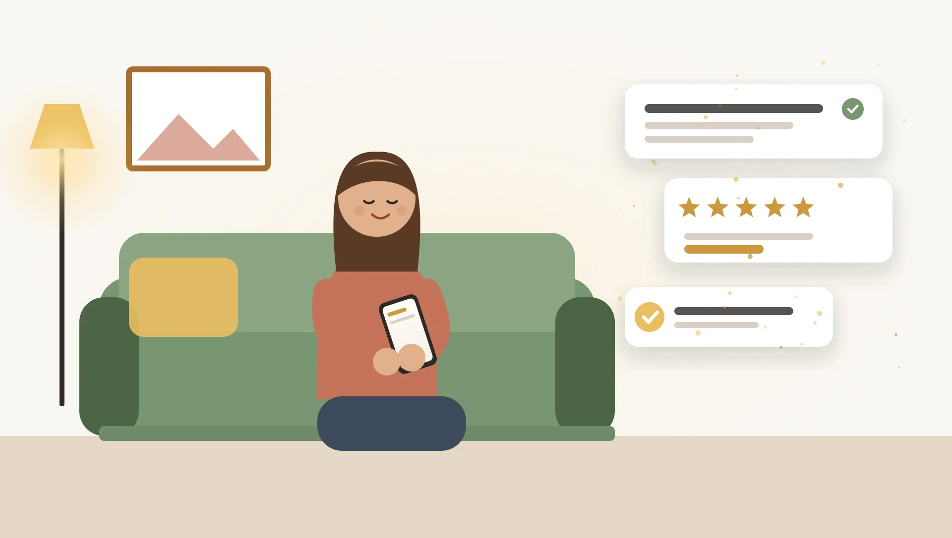 Smiling homeowner reading a text on her phone