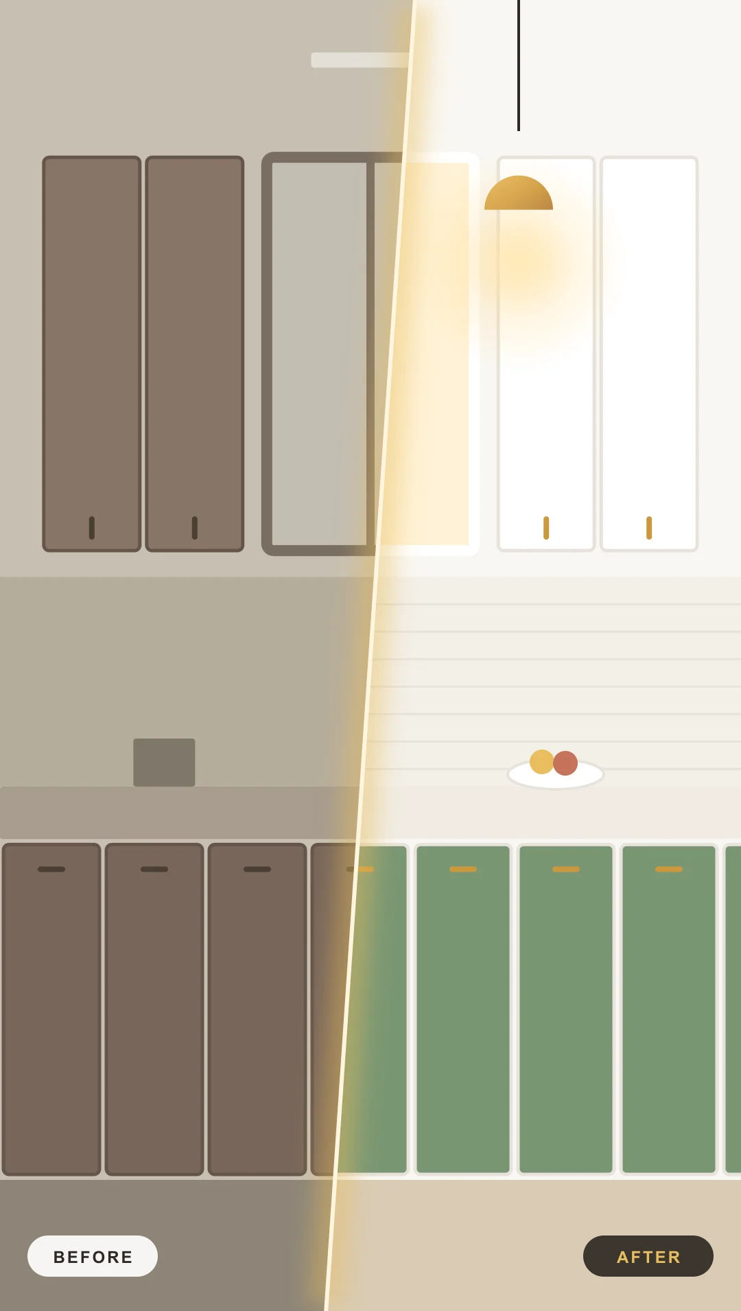 Kitchen before and after renovation, split by a line of light